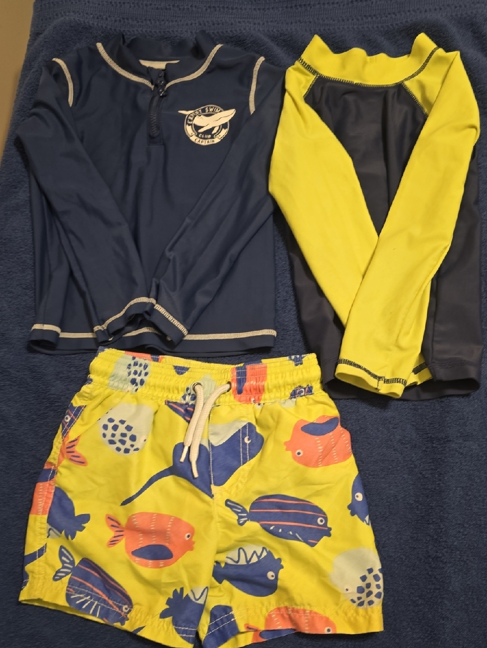 Carter's Navy and Yellow Kids Swim Rashguard Set with Fish Print Shorts